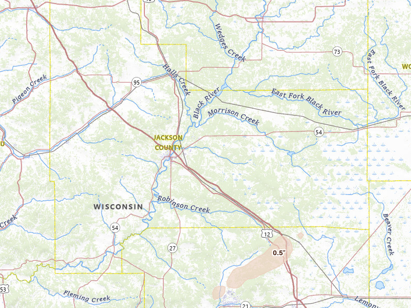 Radar-estimated hail-size map of the storm over Black River Falls, WI on Jul 1, 2026