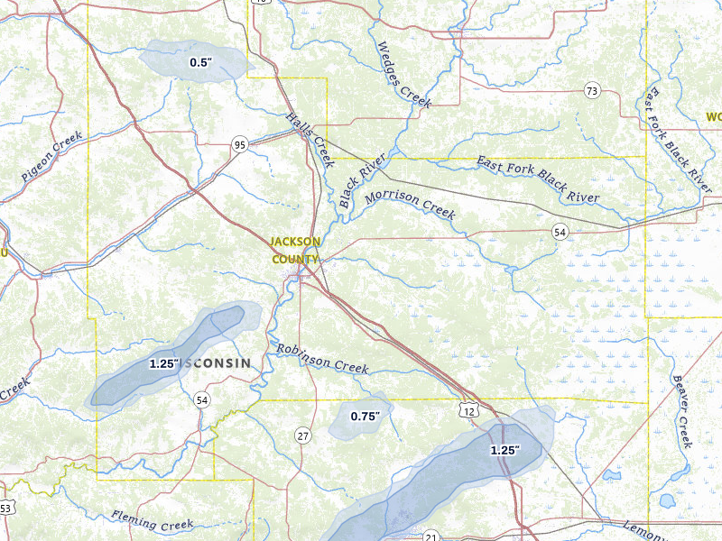 NEXRAD radar-signature map of the hail storm over Black River Falls, WI on Jul 1, 2026