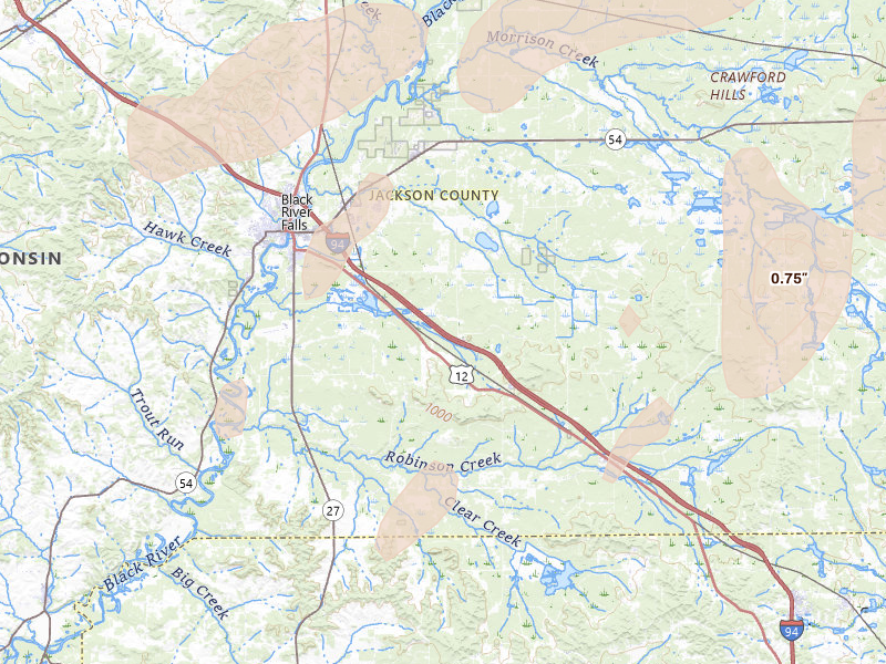 Radar-estimated hail-size map of the storm over Black River Falls, WI on Sep 1, 2026