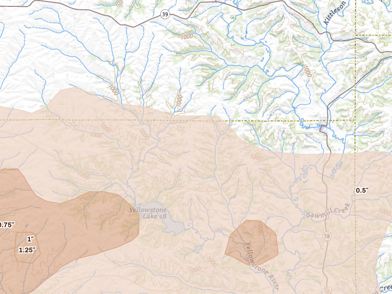 Radar-estimated hail-size map of the storm over Blanchardville, WI on Jul 2, 2026
