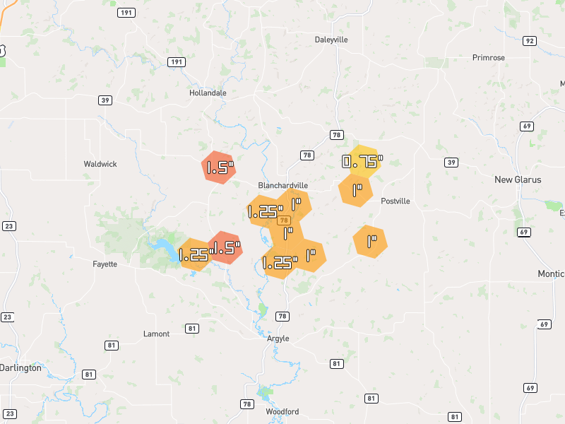 Hail map of Blanchardville, WI on Jul 2, 2026, hail up to 1.75"