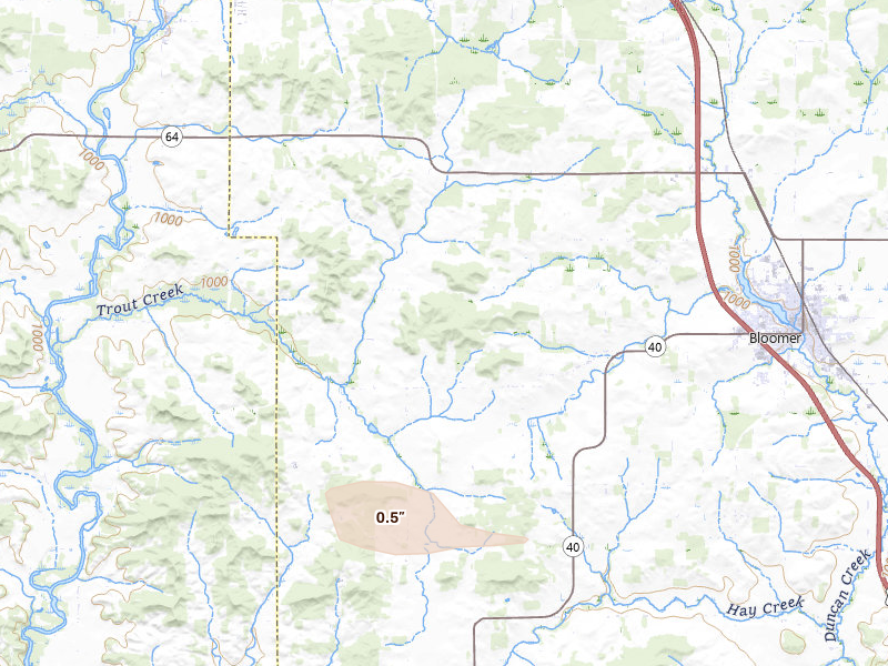 Radar-estimated hail-size map of the storm over Bloomer, WI on Jun 24, 2026