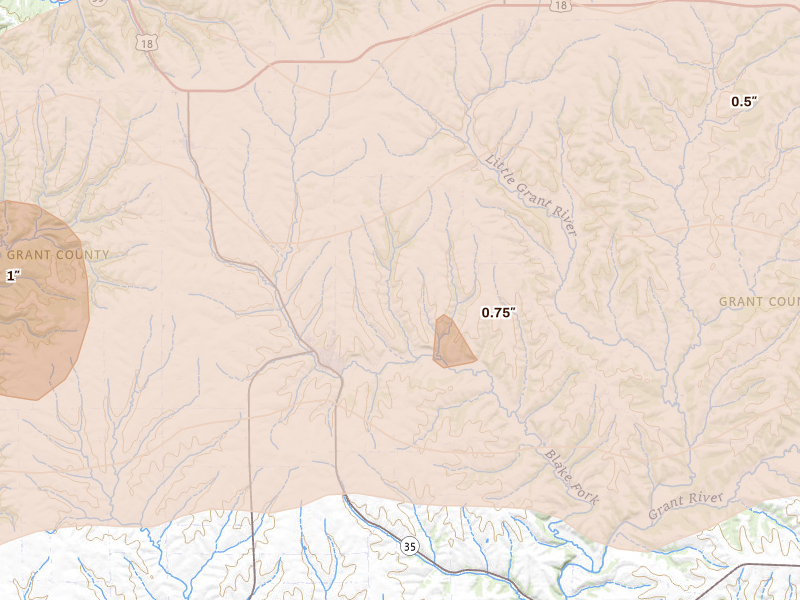 Radar-estimated hail-size map of the storm over Bloomington, WI on Apr 14, 2026