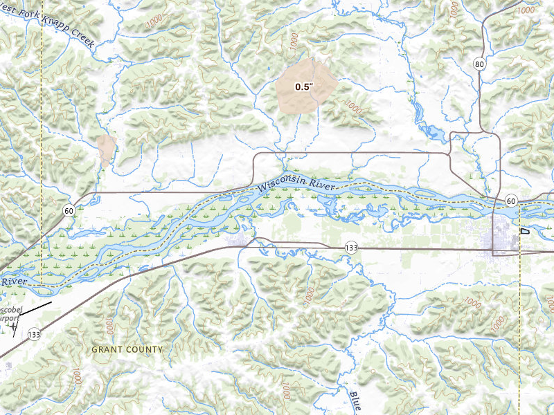 Radar-estimated hail-size map of the storm over Blue River, WI on Jul 2, 2026
