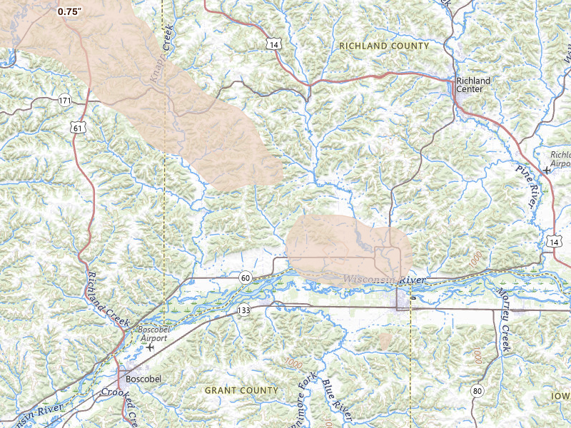 Radar-estimated hail-size map of the storm over Blue River, WI on Aug 25, 2026
