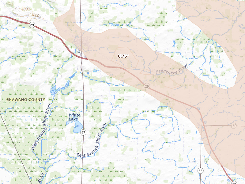 Radar-estimated hail-size map of the storm over Bonduel, WI on Jun 24, 2026