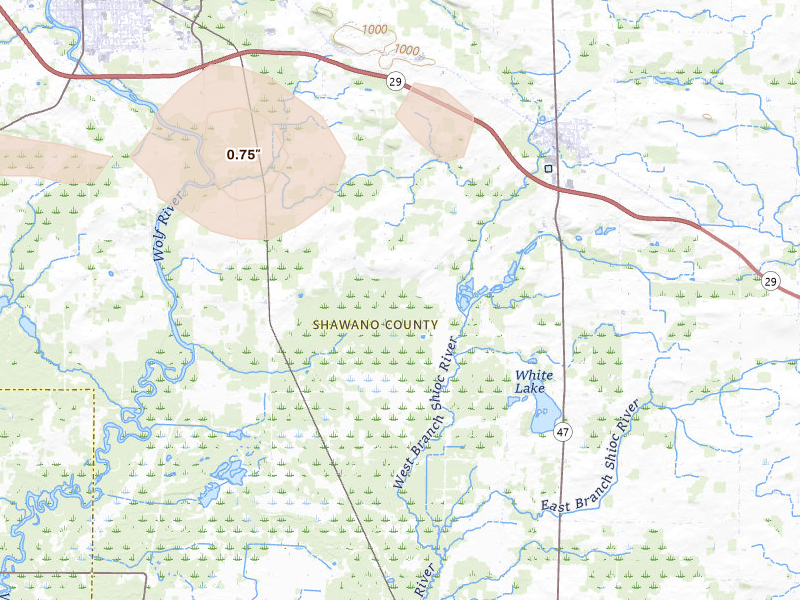 Radar-estimated hail-size map of the storm over Bonduel, WI on Sep 3, 2026