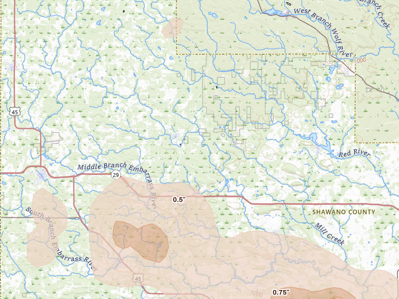 Radar-estimated hail-size map of the storm over Bowler, WI on Jun 10, 2026