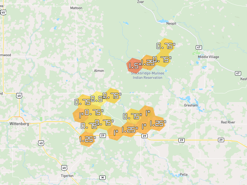 Hail map of Bowler, WI on Jun 30, 2026, hail up to 1.5"