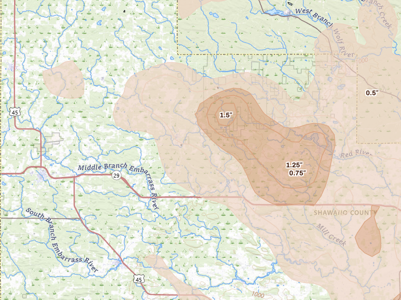 Radar-estimated hail-size map of the storm over Bowler, WI on Jul 27, 2026