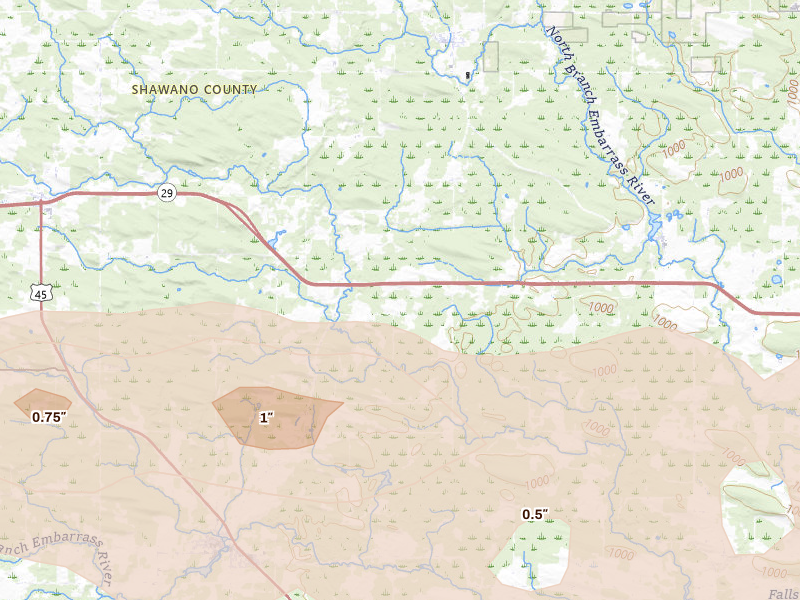 Radar-estimated hail-size map of the storm over Bowler, WI