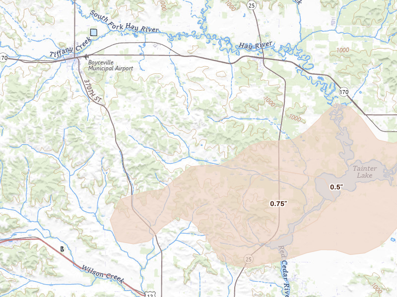 Radar-estimated hail-size map of the storm over Boyceville, WI
