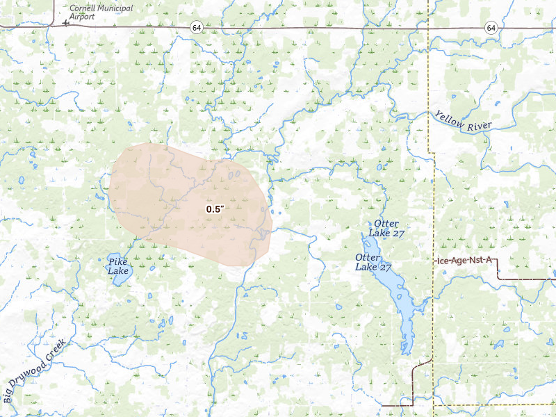 Radar-estimated hail-size map of the storm over Boyd, WI on Jun 19, 2026