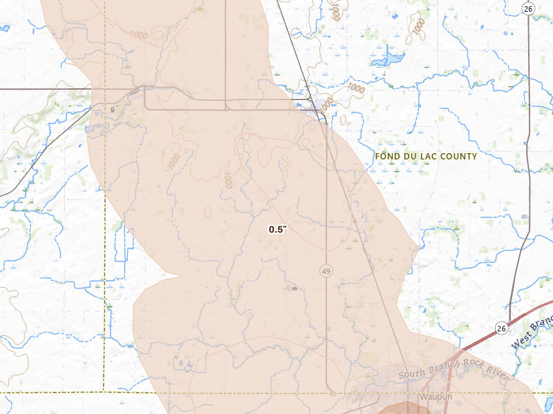 Radar-estimated hail-size map of the storm over Brandon, WI on Jun 24, 2026