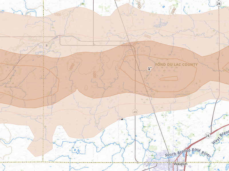 Radar-estimated hail-size map of the storm over Brandon, WI on Jul 1, 2026
