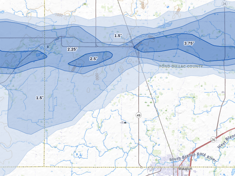 NEXRAD radar-signature map of the hail storm over Brandon, WI on Jul 1, 2026