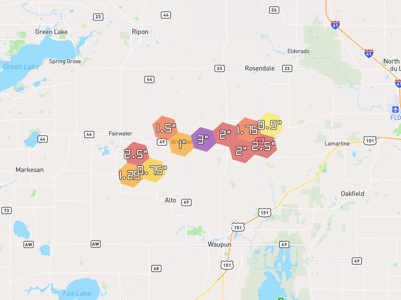 Hail map of Brandon, WI on Jul 1, 2026, hail up to 3"