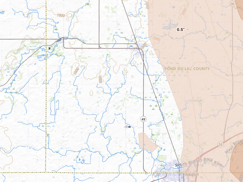 Radar-estimated hail-size map of the storm over Brandon, WI on Jul 27, 2026
