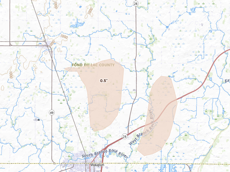Radar-estimated hail-size map of the storm over Brandon, WI on Aug 18, 2026