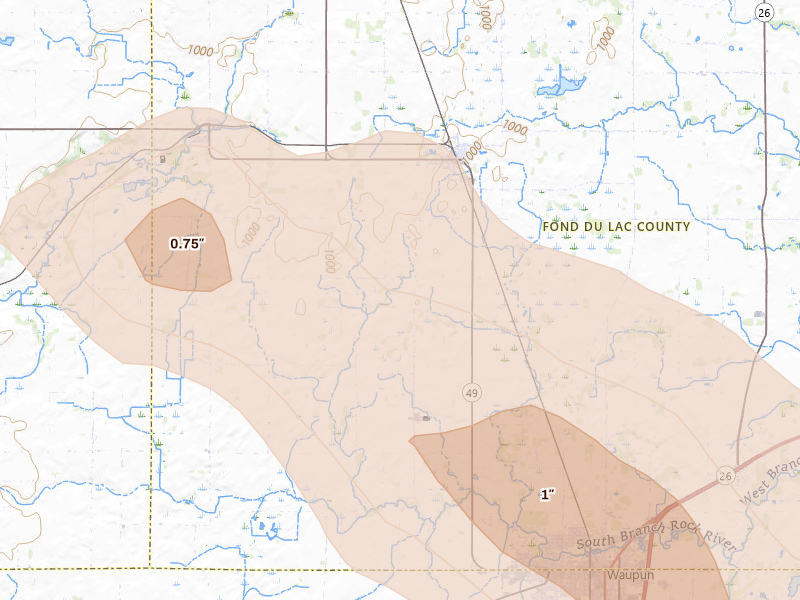Radar-estimated hail-size map of the storm over Brandon, WI
