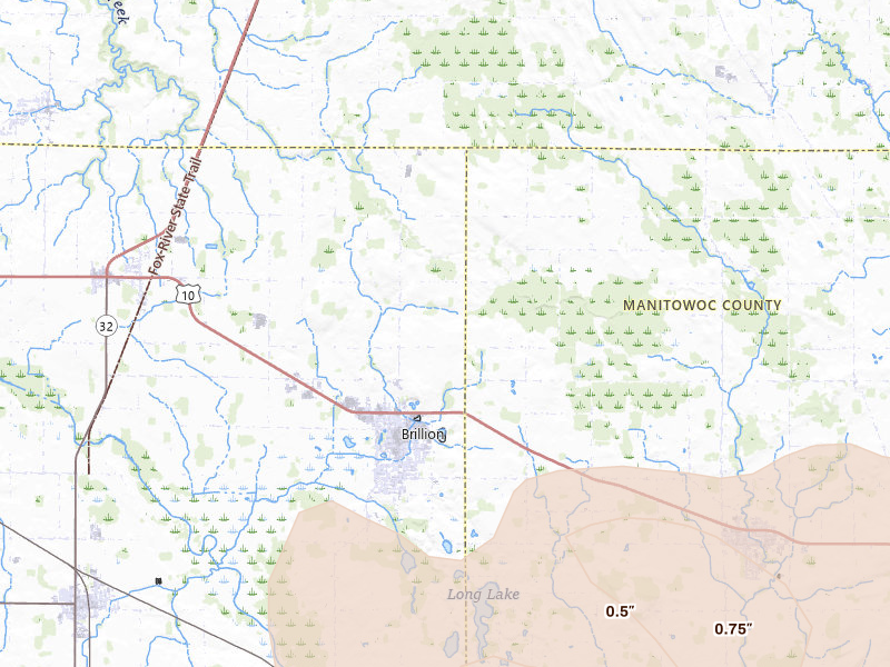 Radar-estimated hail-size map of the storm over Brillion, WI on Mar 30, 2026