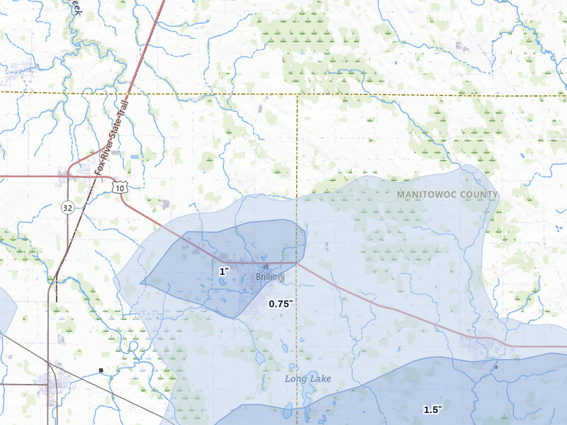 NEXRAD radar-signature map of the hail storm over Brillion, WI on Mar 30, 2026
