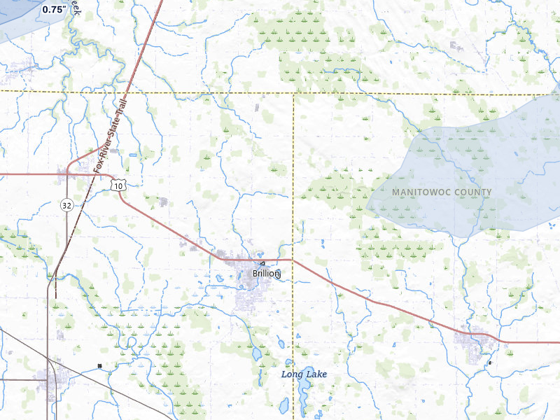 NEXRAD radar-signature map of the hail storm over Brillion, WI on Jul 1, 2026