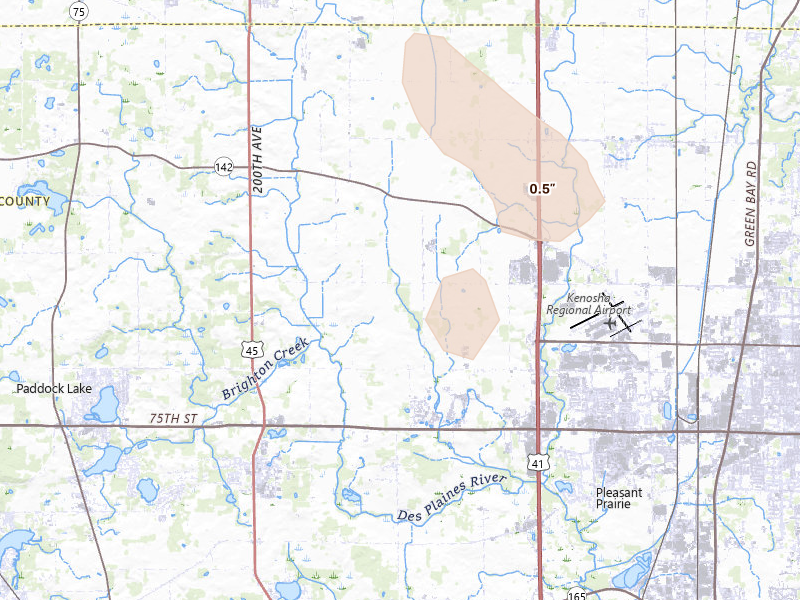 Radar-estimated hail-size map of the storm over Bristol, WI on Jul 9, 2026