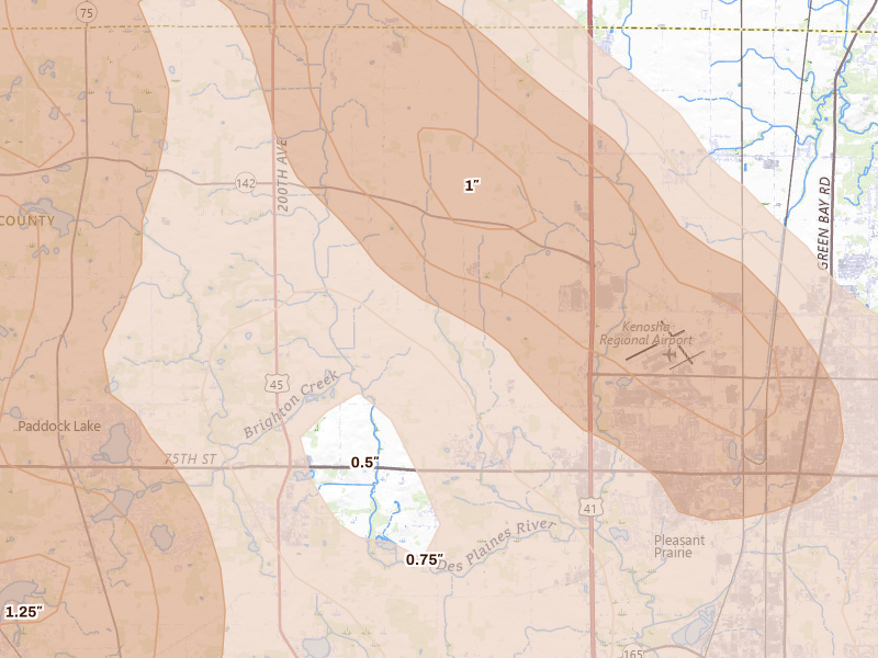 Radar-estimated hail-size map of the storm over Bristol, WI on Jul 27, 2026