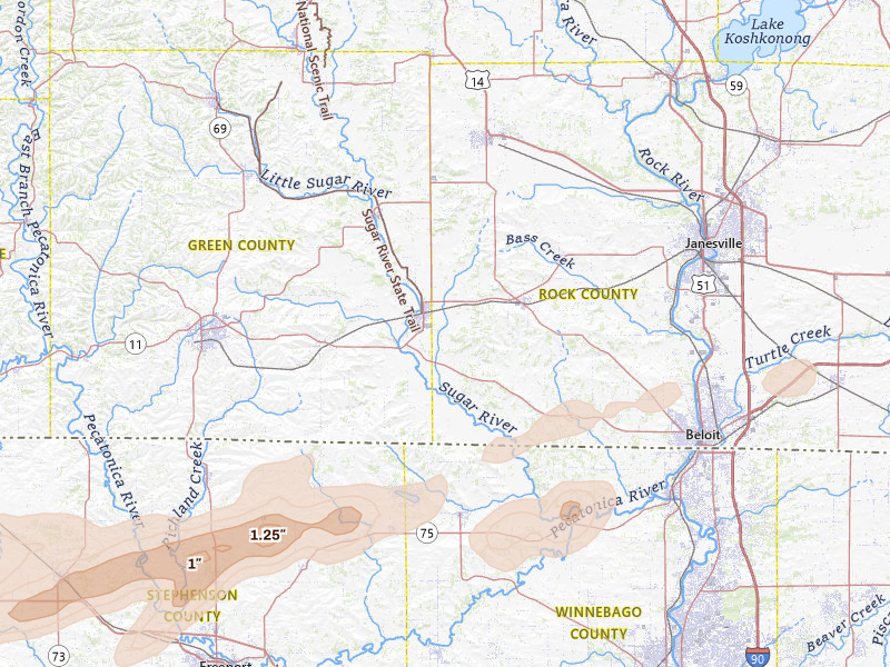 Radar-estimated hail-size map of the storm over Brodhead, WI on Mar 10, 2026