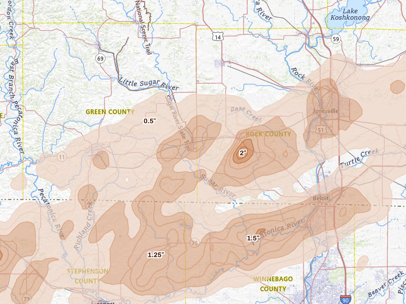 Radar-estimated hail-size map of the storm over Brodhead, WI on Apr 17, 2026