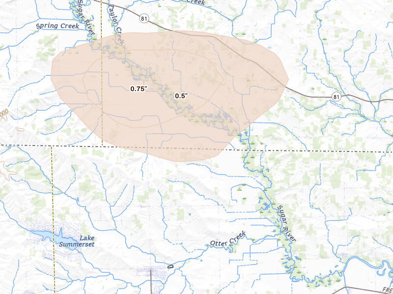 Radar-estimated hail-size map of the storm over Brodhead, WI on Aug 10, 2026