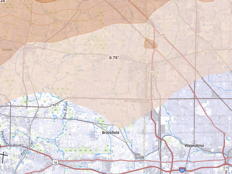 Radar-estimated hail-size map of the storm over Brookfield, WI