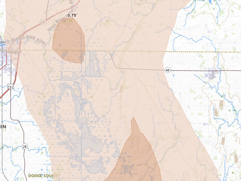 Radar-estimated hail-size map of the storm over Brownsville, WI on Jul 27, 2026