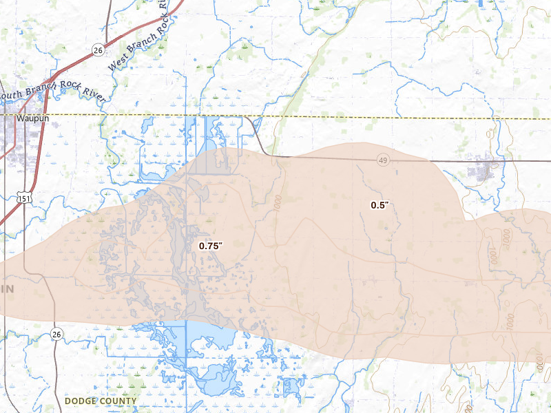 Radar-estimated hail-size map of the storm over Brownsville, WI on Sep 1, 2026
