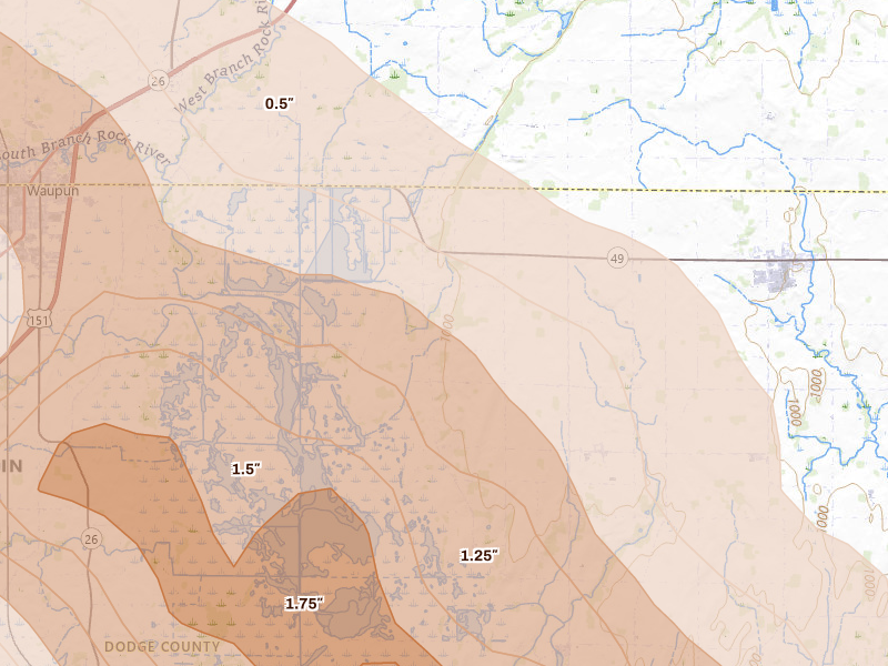 Radar-estimated hail-size map of the storm over Brownsville, WI