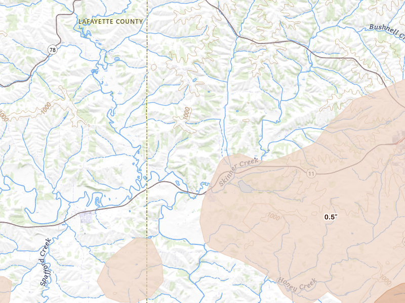 Radar-estimated hail-size map of the storm over Browntown, WI on Apr 17, 2026