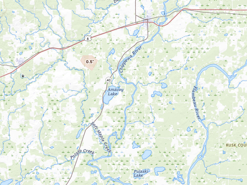 Radar-estimated hail-size map of the storm over Bruce, WI on Jun 24, 2026