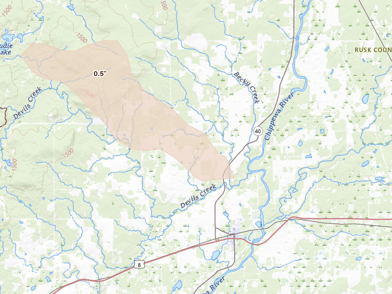 Radar-estimated hail-size map of the storm over Bruce, WI on Jul 17, 2026