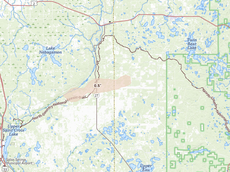 Radar-estimated hail-size map of the storm over Brule, WI on Jun 28, 2026