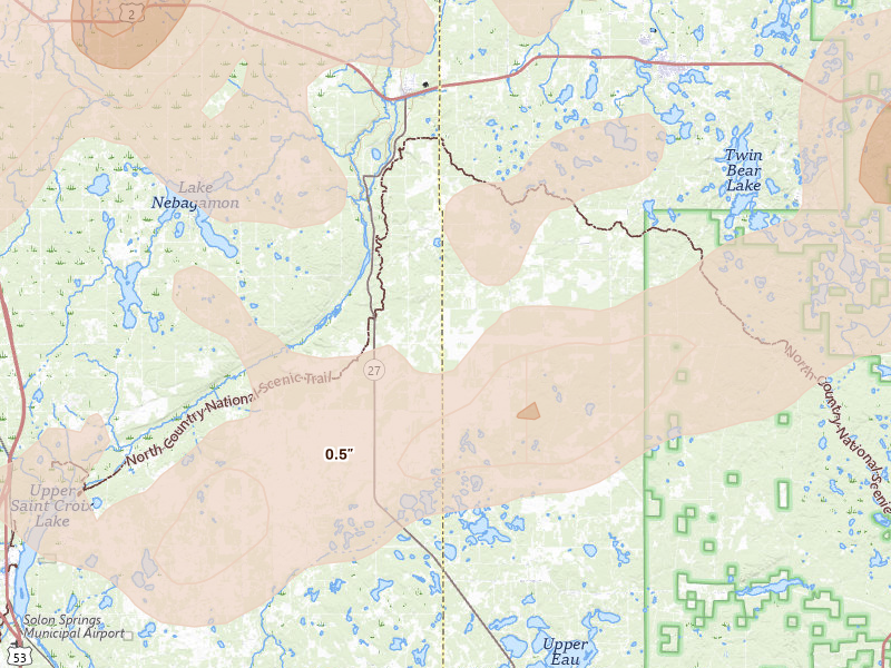 Radar-estimated hail-size map of the storm over Brule, WI on Jun 29, 2026
