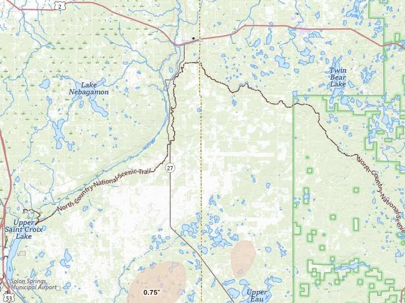 Radar-estimated hail-size map of the storm over Brule, WI on Jul 3, 2026