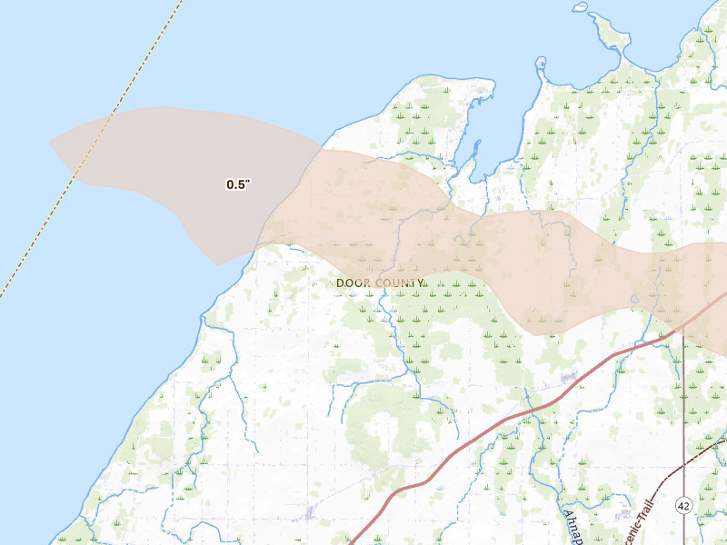 Radar-estimated hail-size map of the storm over Brussels, WI on Mar 30, 2026