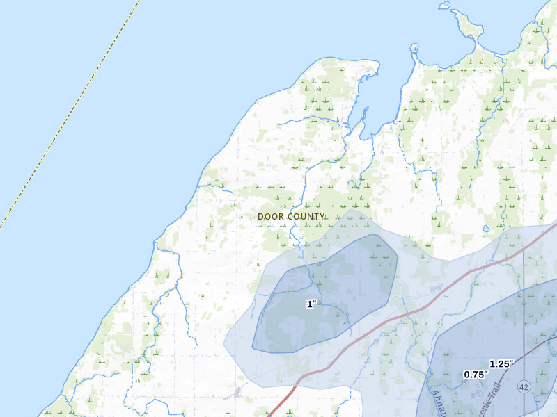 NEXRAD radar-signature map of the hail storm over Brussels, WI on Jul 1, 2026