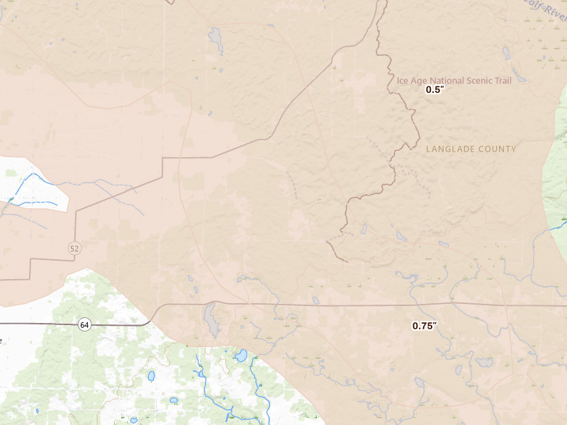 Radar-estimated hail-size map of the storm over Bryant, WI on Jul 27, 2026