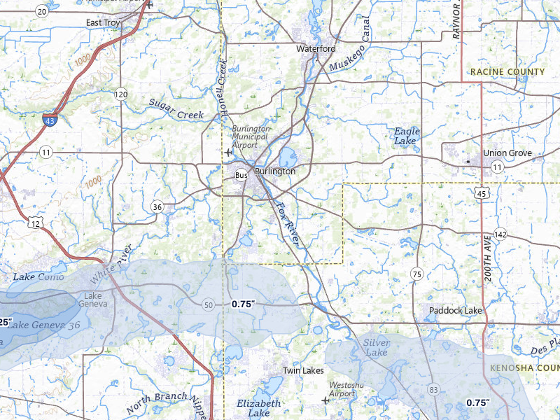 NEXRAD radar-signature map of the hail over Burlington, WI