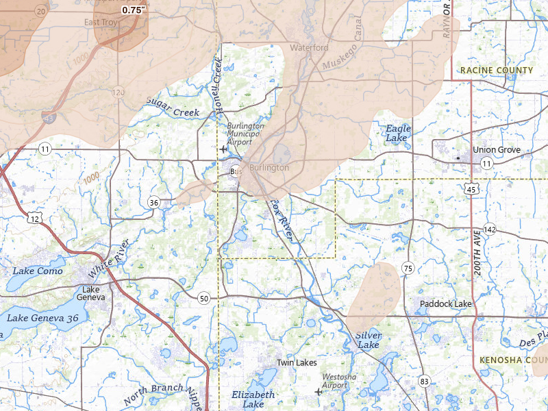 Radar-estimated hail-size map of the storm over Burlington, WI on Apr 17, 2026