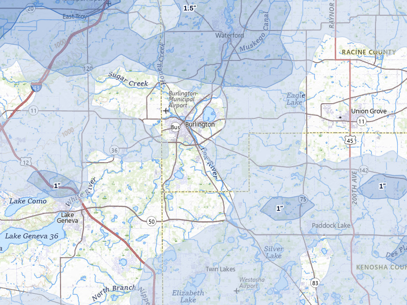 NEXRAD radar-signature map of the hail over Burlington, WI