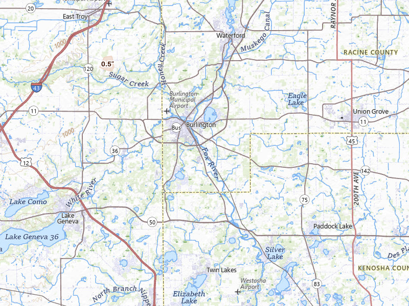 Radar-estimated hail-size map of the storm over Burlington, WI on Jun 11, 2026