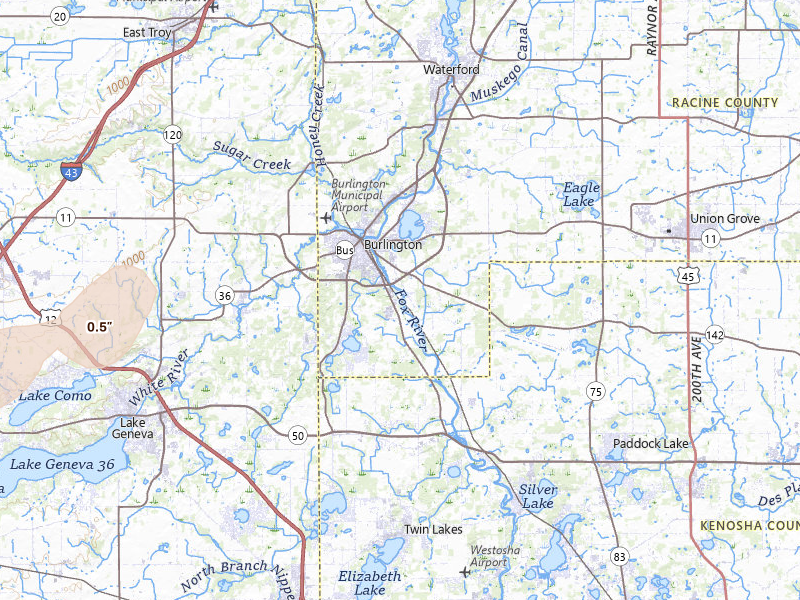 Radar-estimated hail-size map of the storm over Burlington, WI on Jul 3, 2026